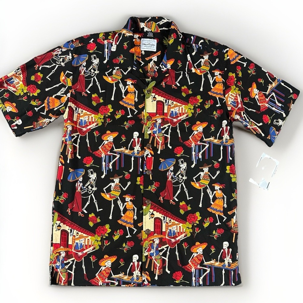 David Carey Originals Medium Skeleton Mariachi Day of the Dead Camp Shirt